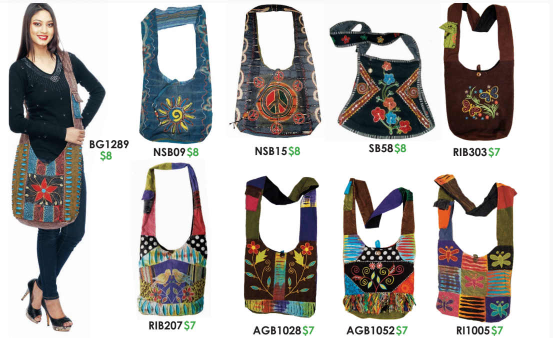 Wholesale hand bags. Crossbody Hippie Hobo Handbag Purse. Peace sign, razor cut, shredded, tie dye, ohm symbol.